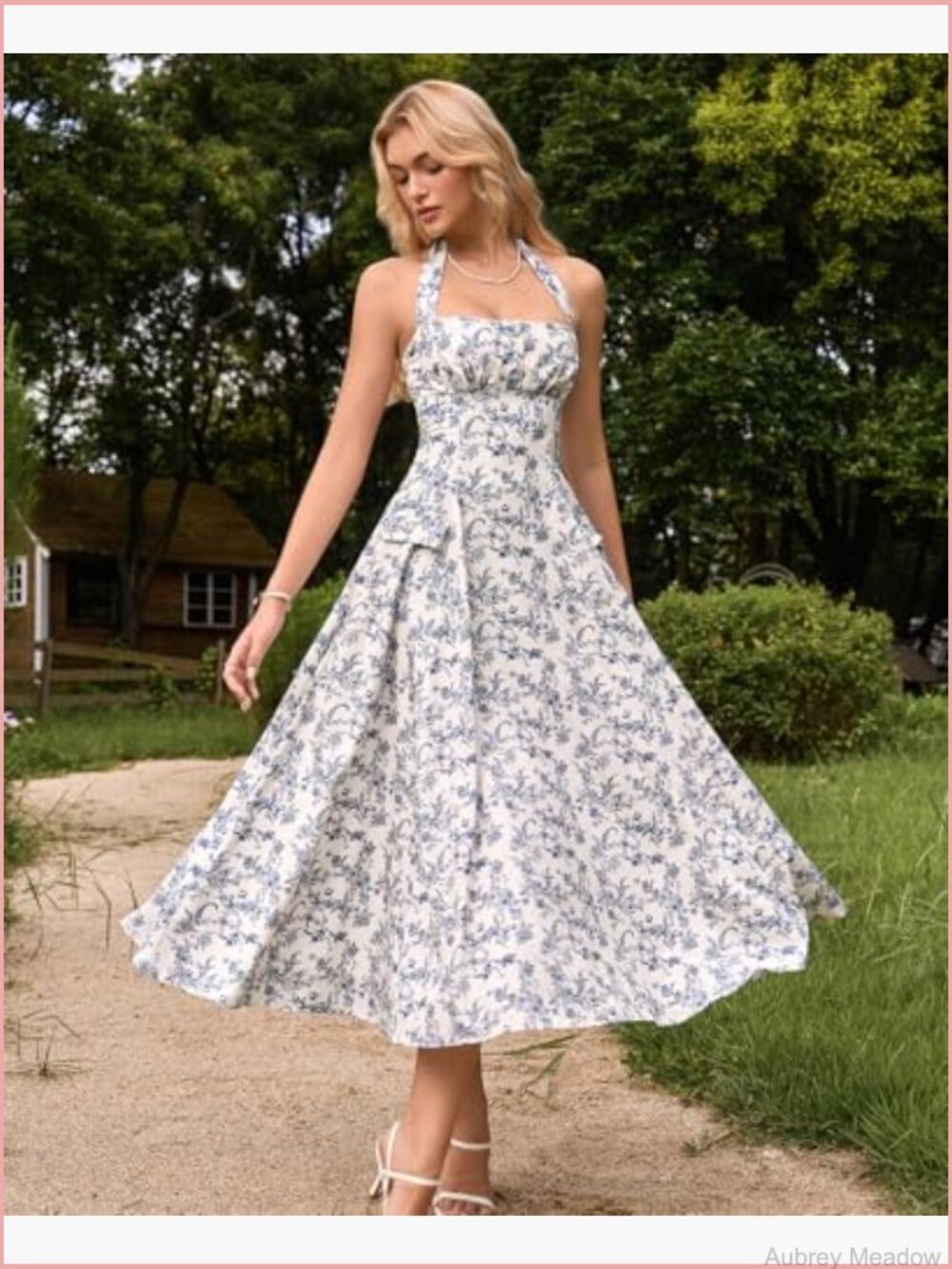 Floral Halter Corset Midi Dress Flowy A-Line Bow Tea Party - Picture 4 of 7